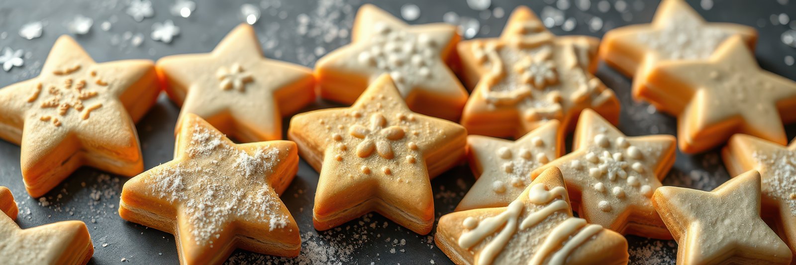 Decorative star-shaped cookies arranged on a dark surface with festive decorations for a holiday celebration
